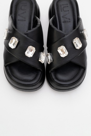 LuviShoes Giev Black Skin Stone Wedge Sole Women's Slippers