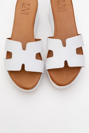 LuviShoes Lia White Skin Genuine Leather Women's Wedge Heeled Slippers