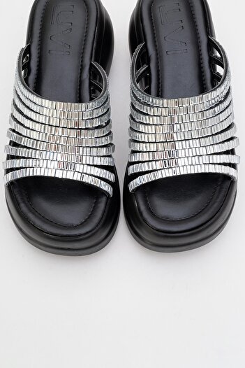 LuviShoes Fierro Black Silver Stone Wedge Sole Women's Slippers