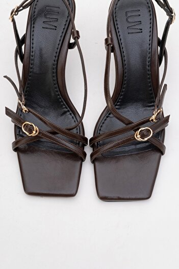 LuviShoes Chaka Brown Buckle Square Toe Women's Heeled Sandals
