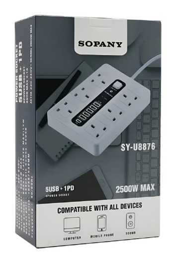 SOPANY شريط طاقة ذكي متعدد المنافذ - سلك تمديد 5 أمتار، منافذ USB، حماية من الحمل الزائد