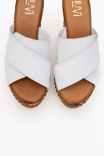 LuviShoes Lois White Skin Genuine Leather Women's Wedge Heeled Slippers