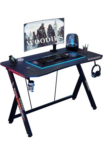 Woodies 120cm Gaming Desk with Carbon Fiber Surface, Cup Holder & Headphone Hook – Home/Office