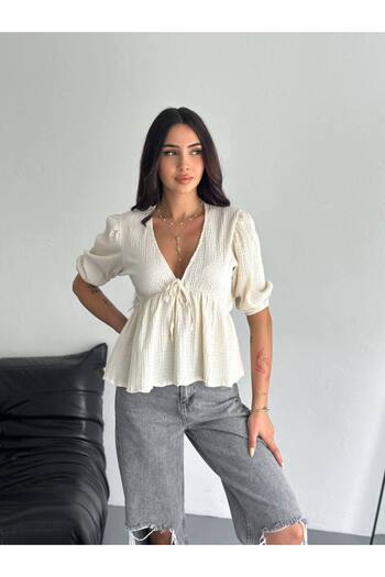 Noa Noa V-Neck Fabric Tie-Up Blouse