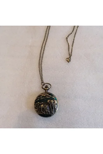 Butik Tülin Unisex Authentic Bronze Green Enamel Jungle Elephant Family with Shackle Pocket Watch Necklace 4.5X47Cm Made in Thailand