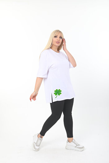 ÇİFTXL Large Size Knitted Viscose White Printed Salas T-Shirt