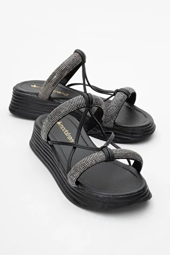 CCWAY AYAKKABI Women's Stone Flat Slippers Black Black