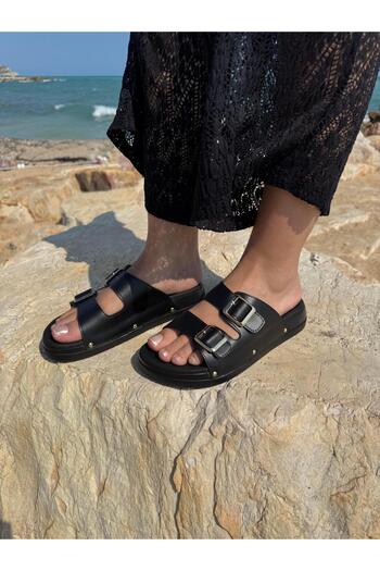 DERİ KABUSU Double Band Buckle Slippers T-007