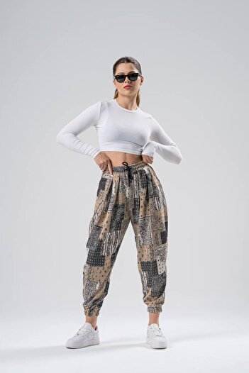 SUPERBLUE Kadın Desenli Yazlık Bej Jogger Şalvar Pantolon