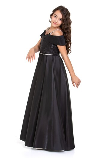Tarz Çocuk Teenage Girls Black Satin Evening Dress Elegant for Special Occasions