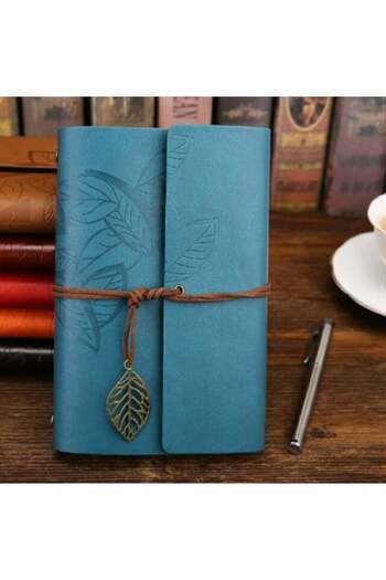 Hediye Sahibi Leather Cover Retro Leaf Patterned Memory Book Blue