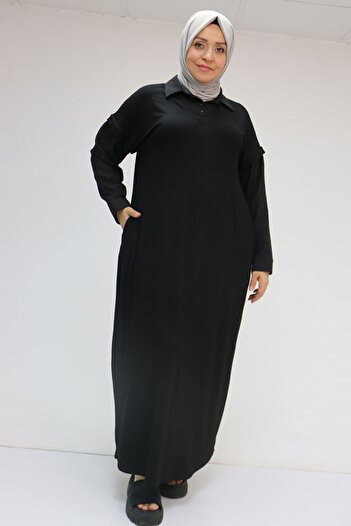 Eslina 52009 Large Size Sleeve and Collar Garnished Combed Cotton Dress - Black-Black