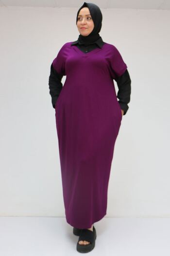 Eslina 52009 Large Size Sleeve and Collar Garnished Combed Cotton Dress - Plum-Black