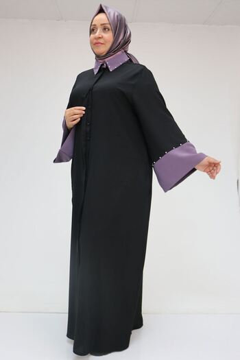 Eslina 56008 Large Size Sleeve Garnished Etamin Abaya Ferace - Black-Lilac