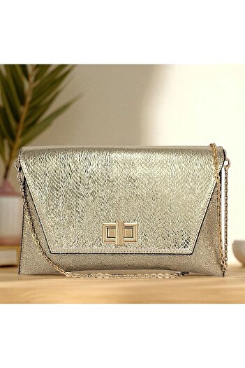 Evident Gold Fish Scale Patterned Women's Portfolio & Clutch Bag with Cover Lock Detail