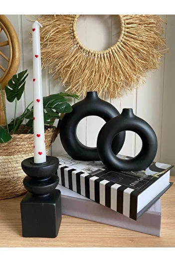 Porselian Decorative 3-Piece Bohemian Set Vase, 2 Ring Vases, 1 Candle Holder