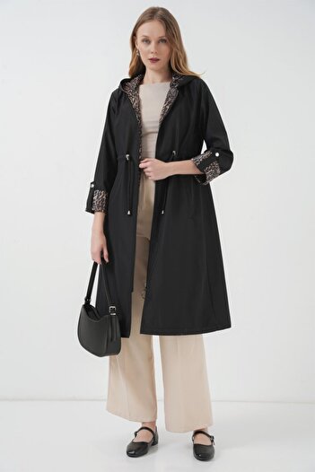 ETİLER COLLECTION 9091 Drawstring Waist Hooded Trench Coat - Solid Black