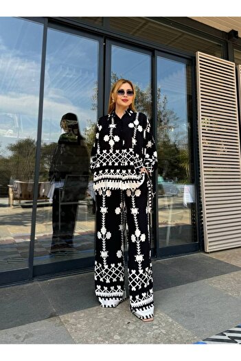 Castivo Fashion Patterned Casual Shirt and Wide Leg Pants 2-Piece Set