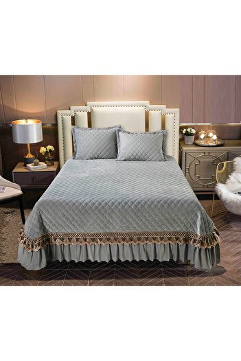 CHIRASO CHIRASO Bedspread Set, VELVET, 3 Pieces, 220x240+27 cm, 2 Pillowcases 50x70+5 cm, light gray