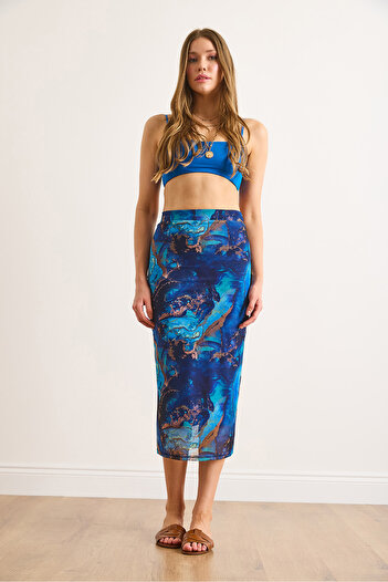 Olalook Women's Blue Lined Digital Midi Tulle Skirt Etk-19000336