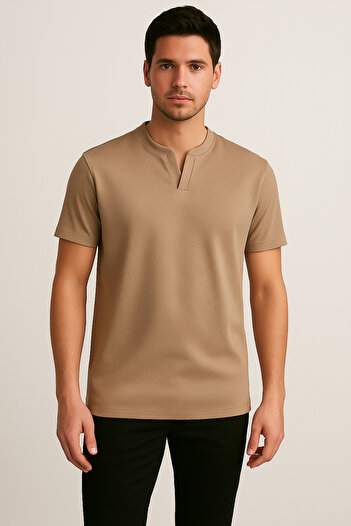 UOMOPARK 2124 Henley T-shirt Καφέ με λεπτομέρεια με κουμπιά Basic Casual T-shirt