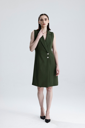 Sense Lined Sleeveless Hurrem Long Jacket Dress |   Ckt35288 Haki
