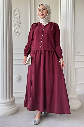 InStyle Burgundy Suit with Elastic Button Detail and Skirt