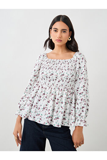 Take Two By Styli Ditsy Print Puff Sleeve Smocked Detail Blouse