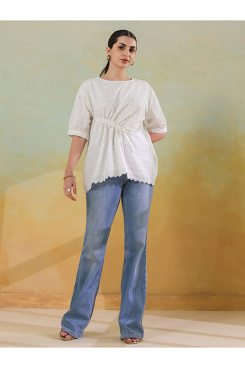 Sanskrutihomes By Styli Women White Schiffli Tie-Up Waist Cotton Top with Scallop Hem
