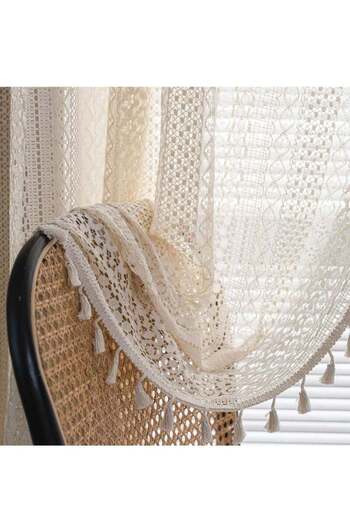 COOYA 59x63 Inch Lace Cotton Curtains with Semi-Shade and Bohemian Trim for Bedroom, Beige