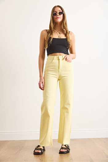 Olalook Γυναικεία κίτρινη τσέπη με φούντα Comfort Lycra Palazzo Jean JEA-19000117