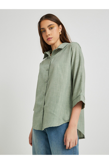 Styli Solid Linen Buttoned Spread Collar Shirt