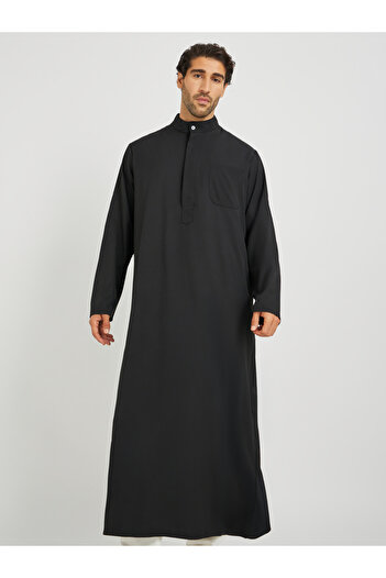 Take Two By Styli Men Black Solid Stand Collar Button Front Long Sleeve Kurta