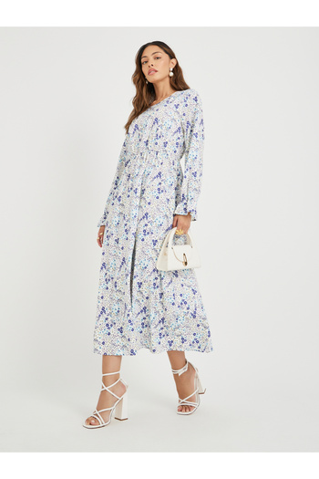 Take Two By Styli Ditsy Floral Print Long Sleeve A-Line Midi Dress