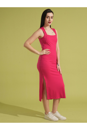Globus By Styli Women Pink Ribbed Square Neck Sheath Midi Dress with Side Slit