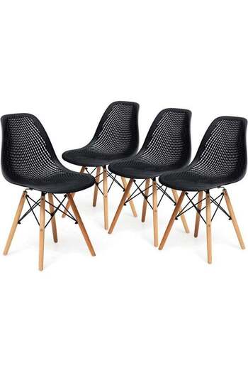 Taimi Pack of 4 Plastic Chair with Wooden Legs for Office Dining Kitchen Living Room Black 70x40x40cm