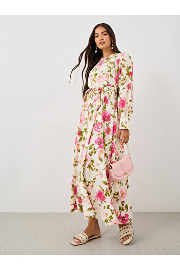Keenly By Styli Floral Print Balloon Sleeve A-Line Midi Dress