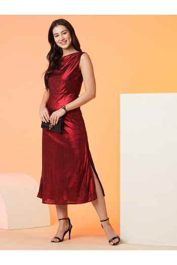 Globus By Styli Women Red Plain Cowl Neck Sheath Midi Dress