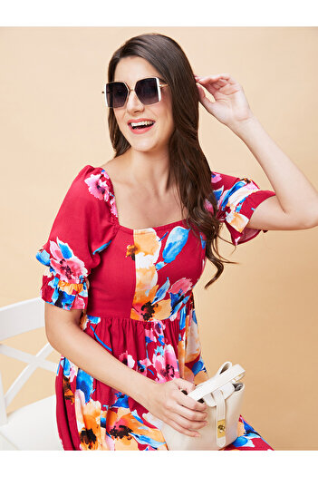 Globus By Styli Women Floral Printed Puff Sleeves A-Line Mini Dress with Smocked Back