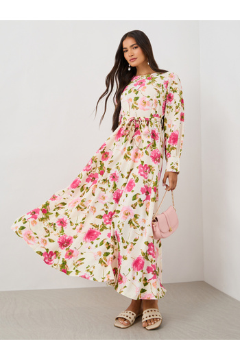 Keenly By Styli Floral Print Balloon Sleeve A-Line Midi Dress