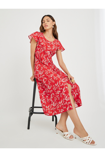 Take Two By Styli Women Red Floral Print Button Front A-Line Midi Dress