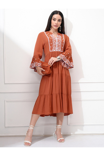 Vishudh By Styli Women Embroidered Long Sleeves A-Line Midi Dress
