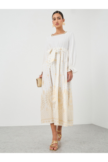 Keenly By Styli Floral Print Square Neck Tie Waist Midi Dress