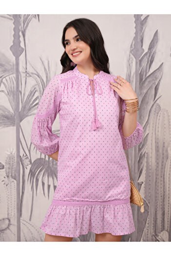 Vishudh By Styli Polka Dot Print Tie-Up Neck A-Line Mini Dress