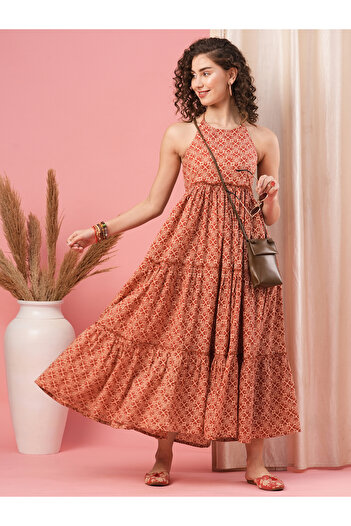 Globus By Styli Women Red All-Over Print Strappy Tiered Maxi Dress