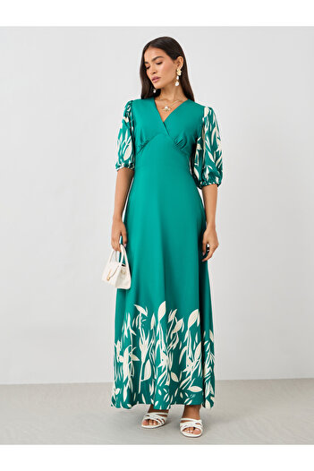 Styli Printed Balloon Sleeves A-Line Maxi Dress