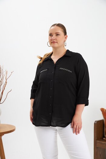 RMG Chain Embroidery Detail Large Size Shirt Black