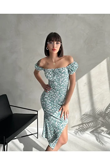 EYLANA Summer Flower Pattern Watermelon Sleeve Slit Detail Dress