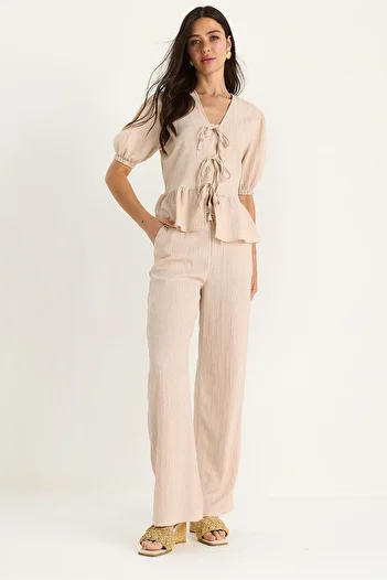 Bianco Lucci Women's Tie Detail Blouse Pants with Elastic Sleeves Wrinkle Suit 8015 60283448