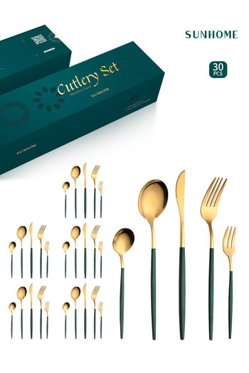 sharpdo SUNHOME 30-Piece Stainless Steel Cutlery Set Green/Gold